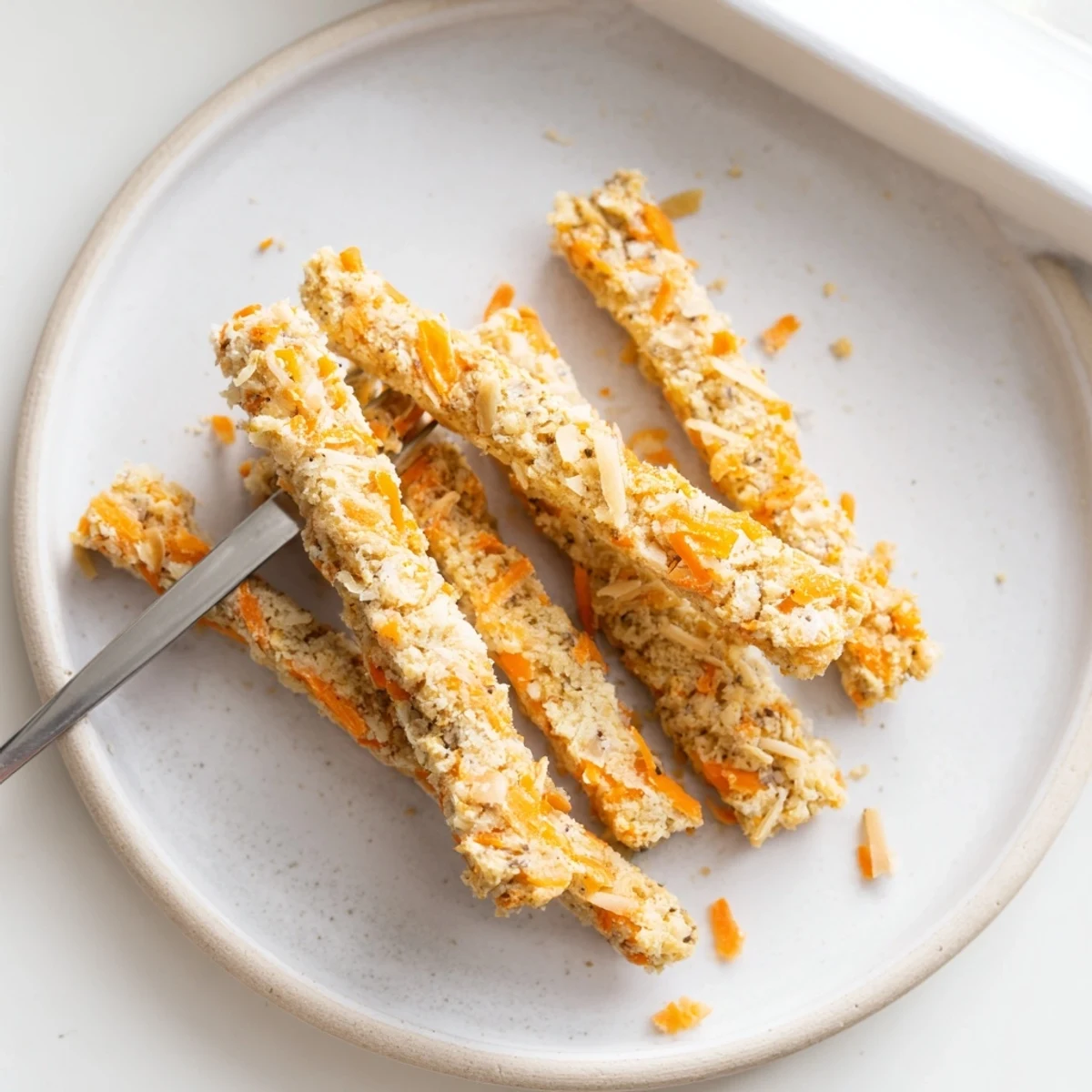 Golden homemade apple and carrot dog chew sticks arranged on a rustic baking sheet