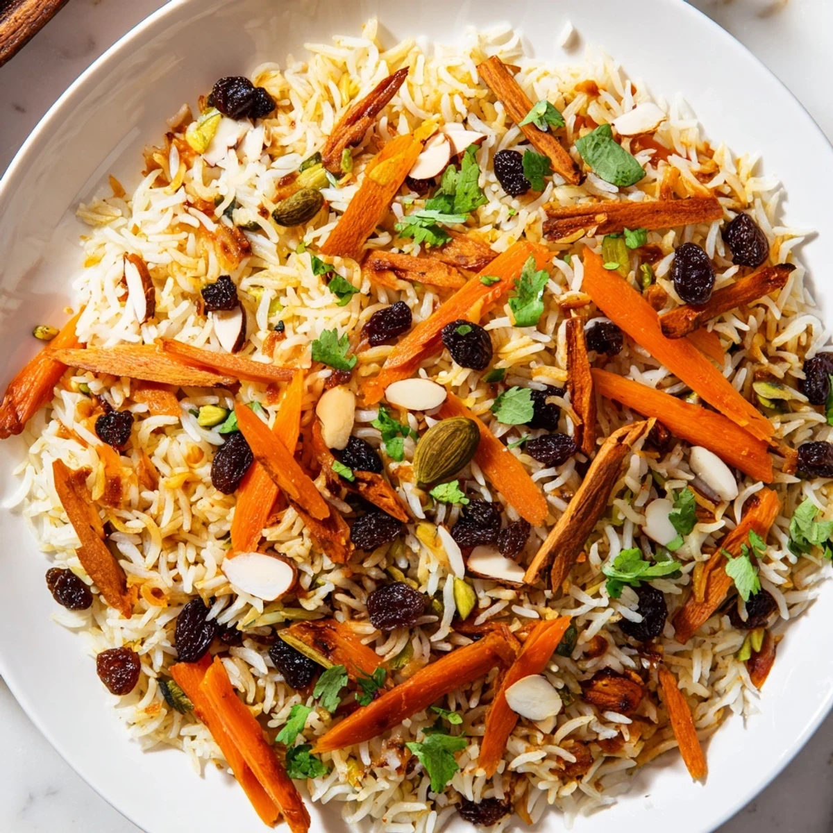 Golden Afghan rice topped with caramelized carrots, plump raisins, and fragrant warm spices