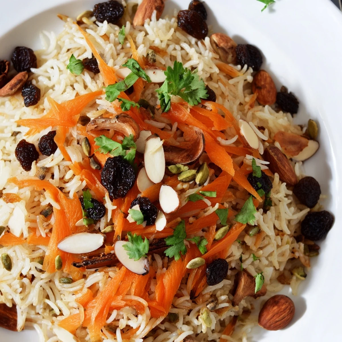 Fluffy Afghan rice steamed with aromatic cardamom and cinnamon, garnished with toasted almonds