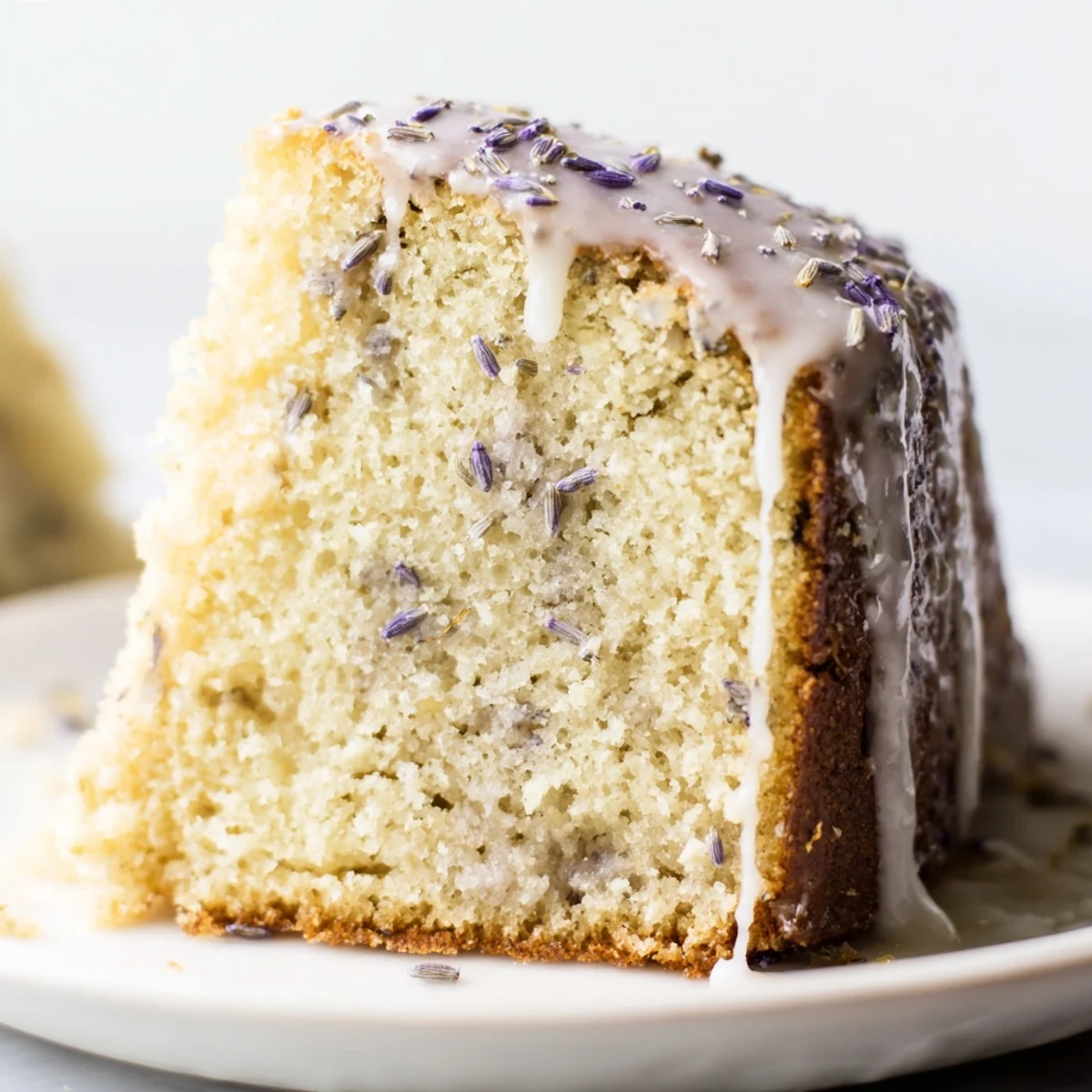 Soft lavender cake slice topped with sweet citrus icing and purple buds