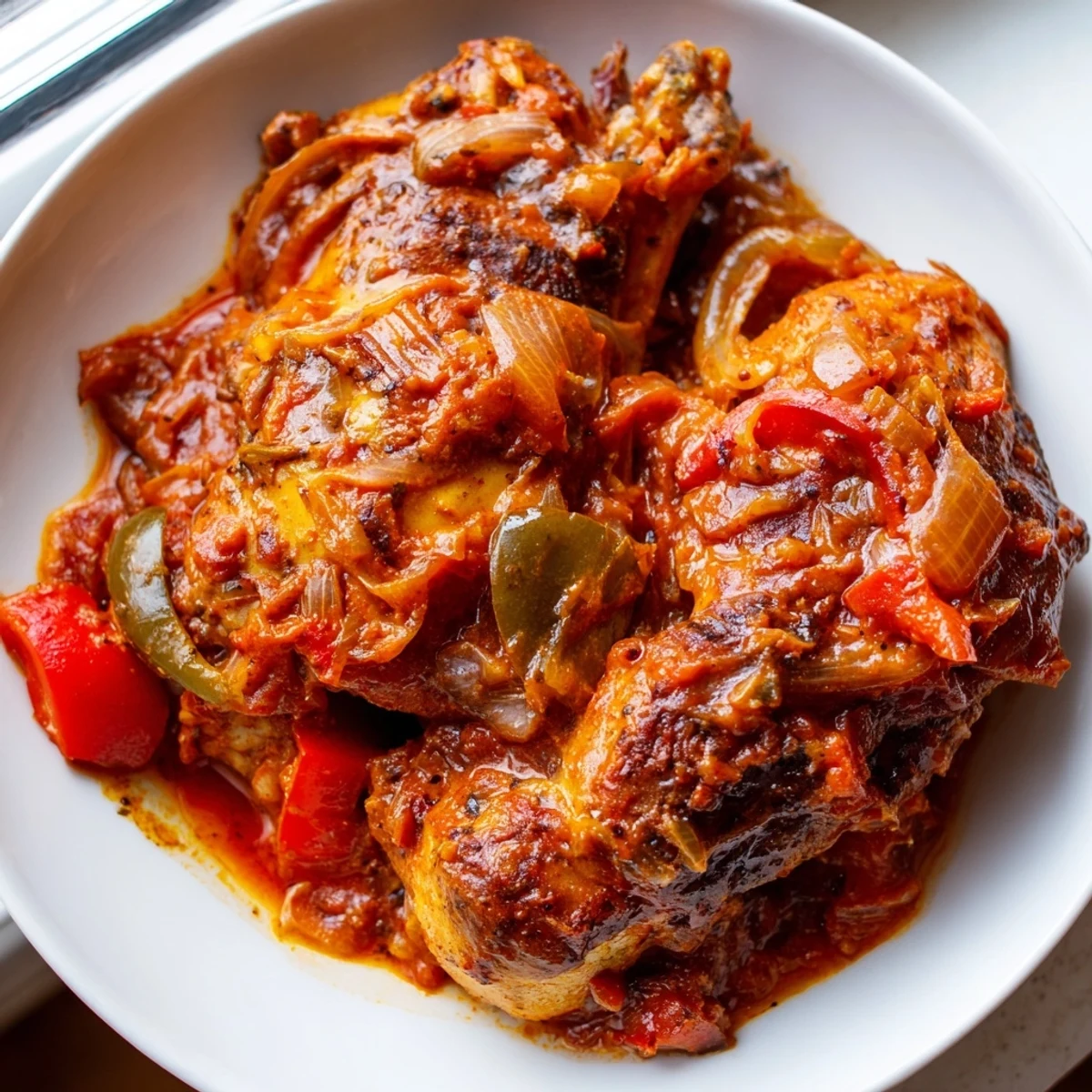 Senegalese chicken simmered in rich tomato sauce with colorful peppers and aromatic spices