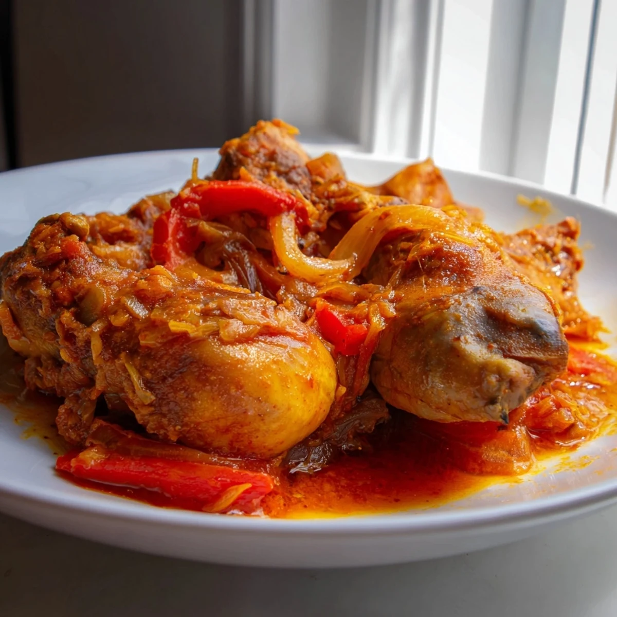 Golden brown Senegalese chicken served over fluffy white rice with savory onion gravy