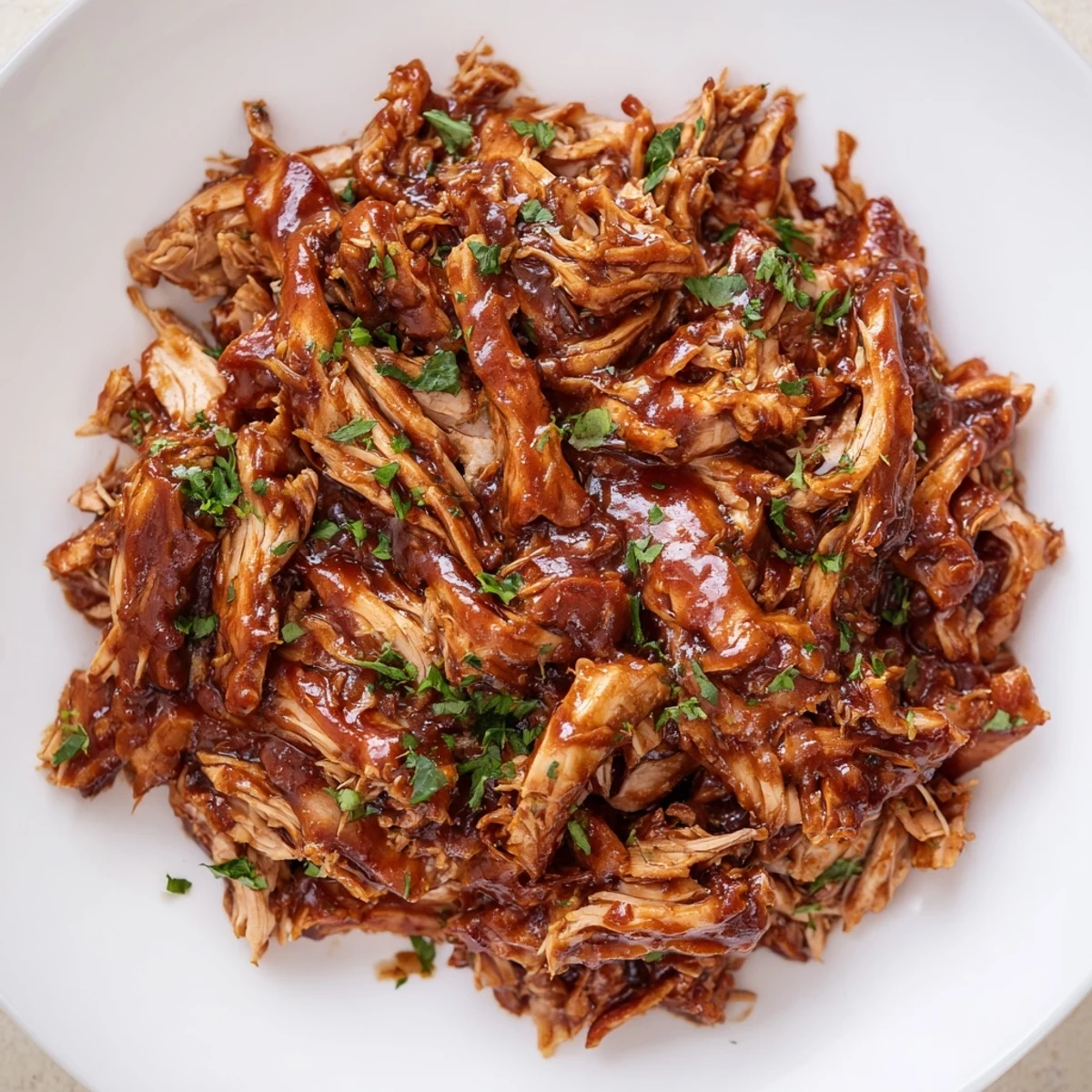 Tender Sweet Baby Ray's Crockpot Chicken glistening with rich barbecue sauce on a white plate