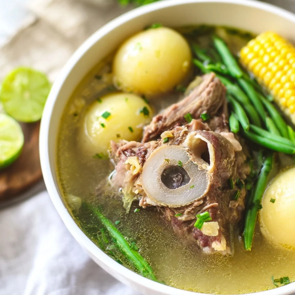 Steaming bowl of Filipino Bulalo Beef Shank Soup with tender meat and golden broth