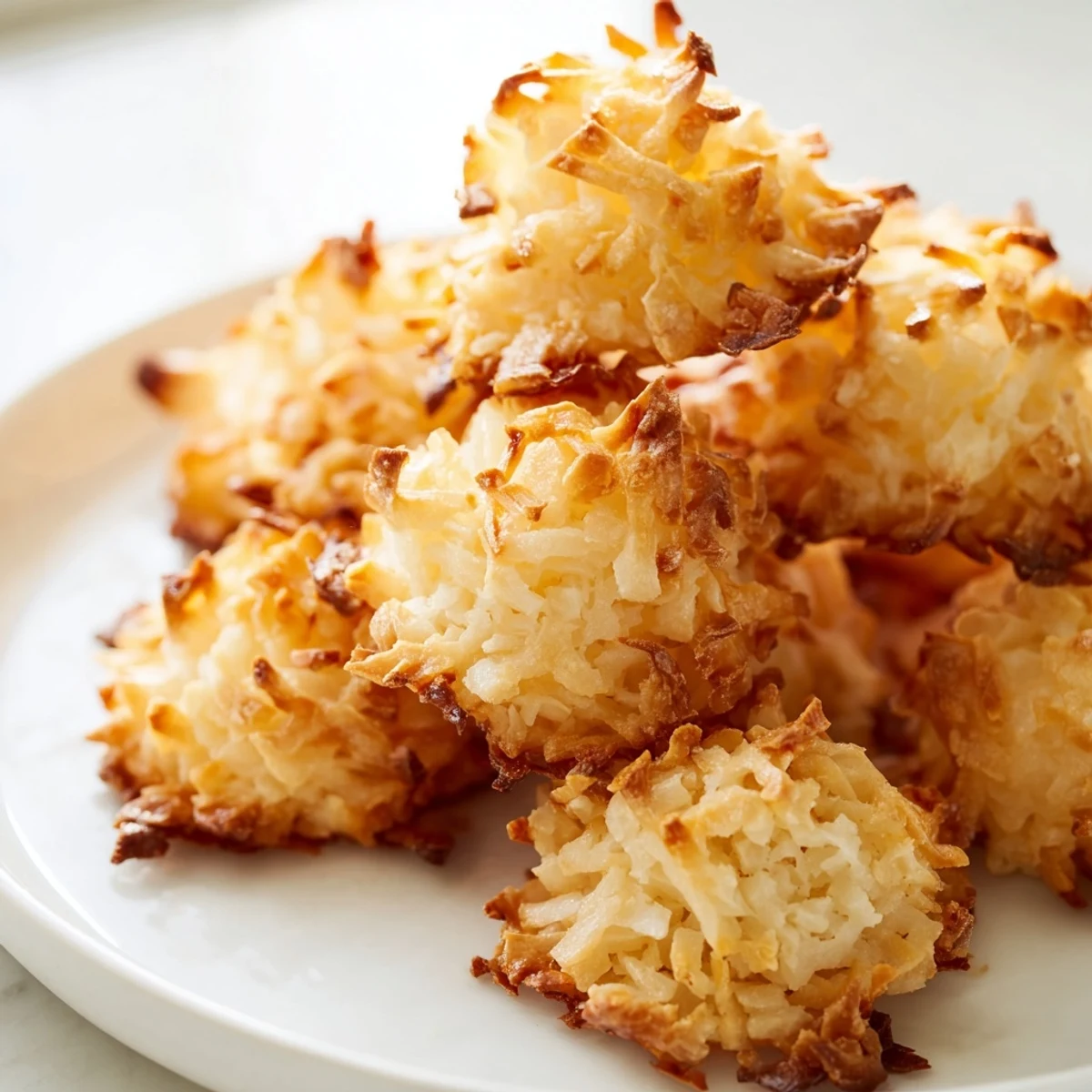Golden chewy coconut macaroons with crisp edges resting on a parchment-lined baking sheet