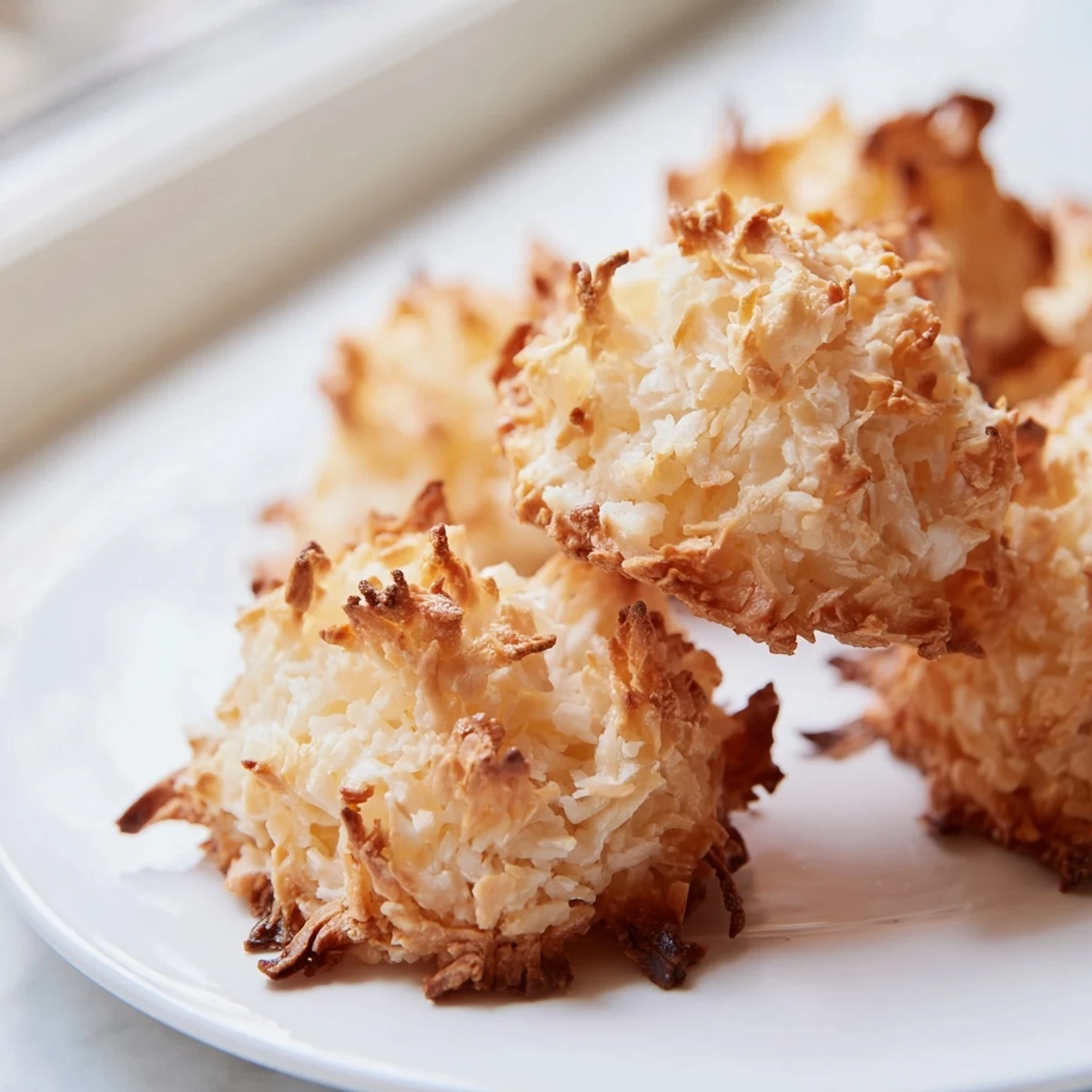 Chewy coconut macaroons dipped in rich melted chocolate, arranged on a white serving platter