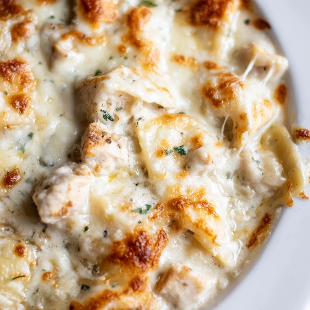Golden bubbling chicken Alfredo baked ravioli casserole with melted mozzarella and fresh parsley