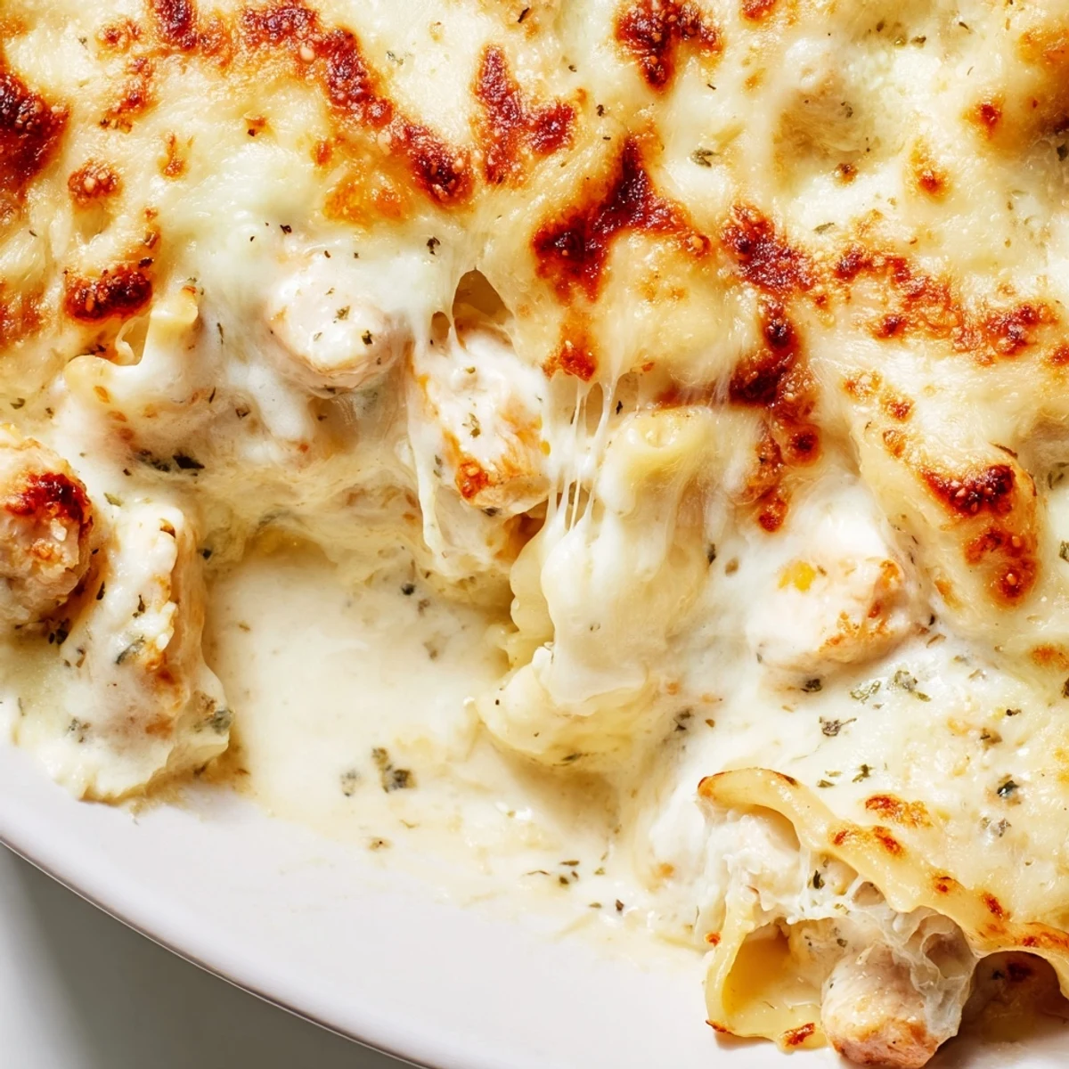 Creamy chicken Alfredo baked ravioli scooped straight from a cheesy oven-safe dish