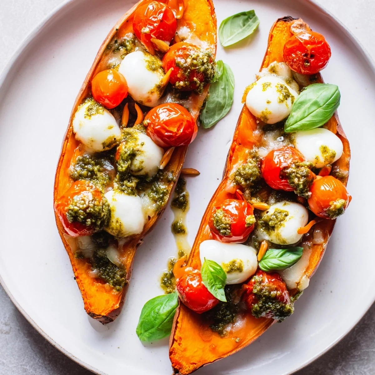 Roasted Summer Sweet Potatoes topped with juicy tomatoes, melted mozzarella, and vibrant green pesto drizzle