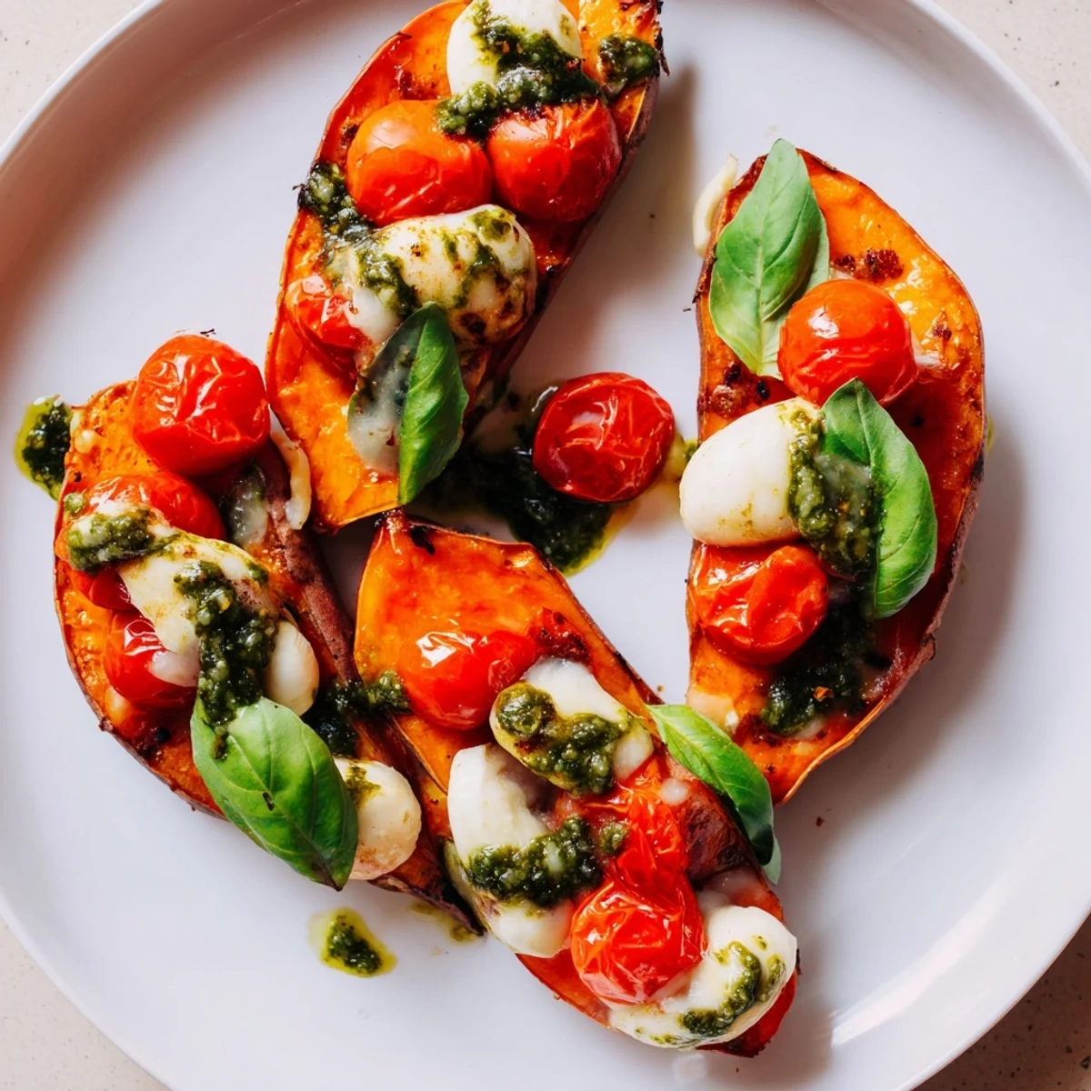 Golden roasted sweet potato halves crowned with fresh cherry tomatoes, creamy mozzarella, and aromatic basil pesto