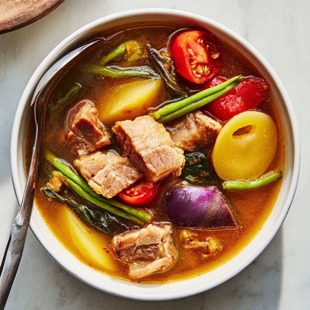 Steaming bowl of Filipino Sinigang with tender pork chunks and vibrant vegetables in tangy tamarind broth