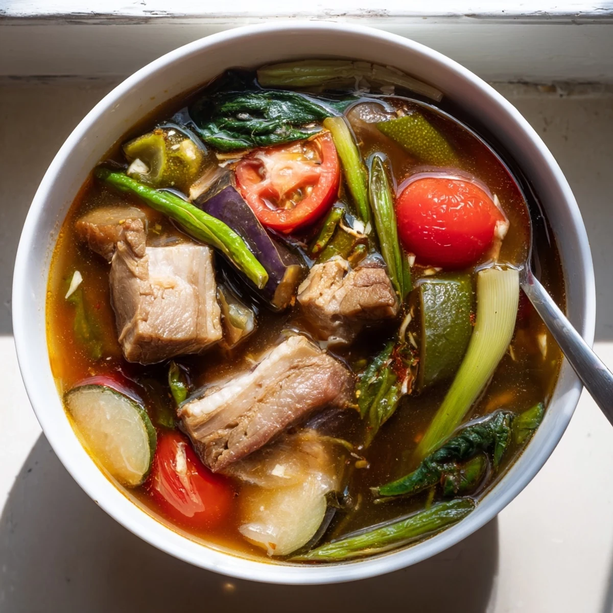 Filipino Sinigang sour soup served with fresh spinach, radish, and pork in a rustic clay pot