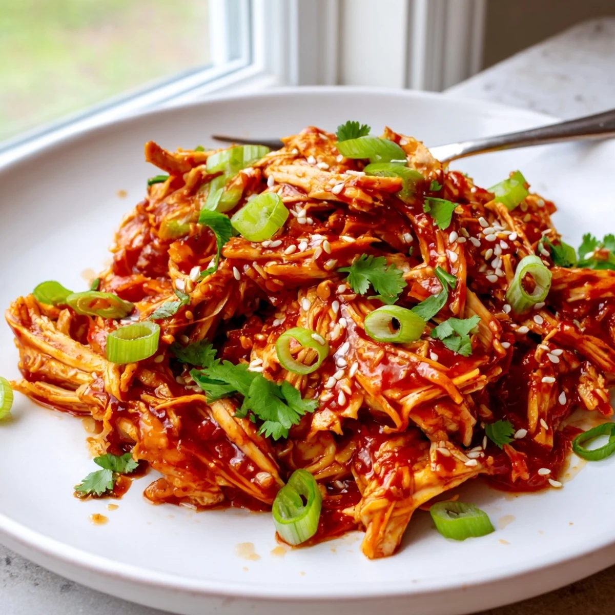 Slow Cooker Sweet Chili Chicken glazed in sticky sauce topped with sesame seeds and green onions