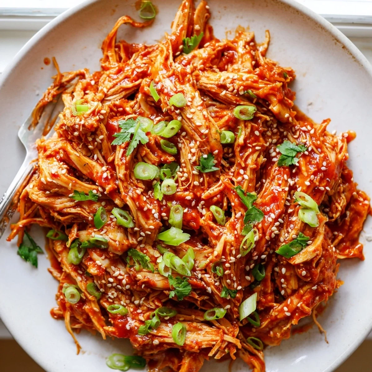 Tender shredded Slow Cooker Sweet Chili Chicken smothered in glossy Asian-inspired sauce ready for serving