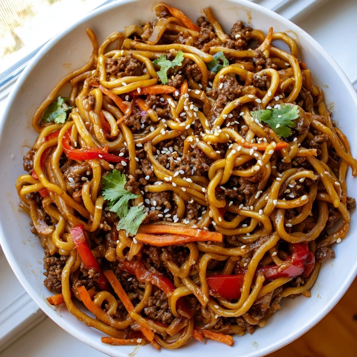 Steaming Asian ground beef noodles tossed with colorful vegetables in a savory sauce