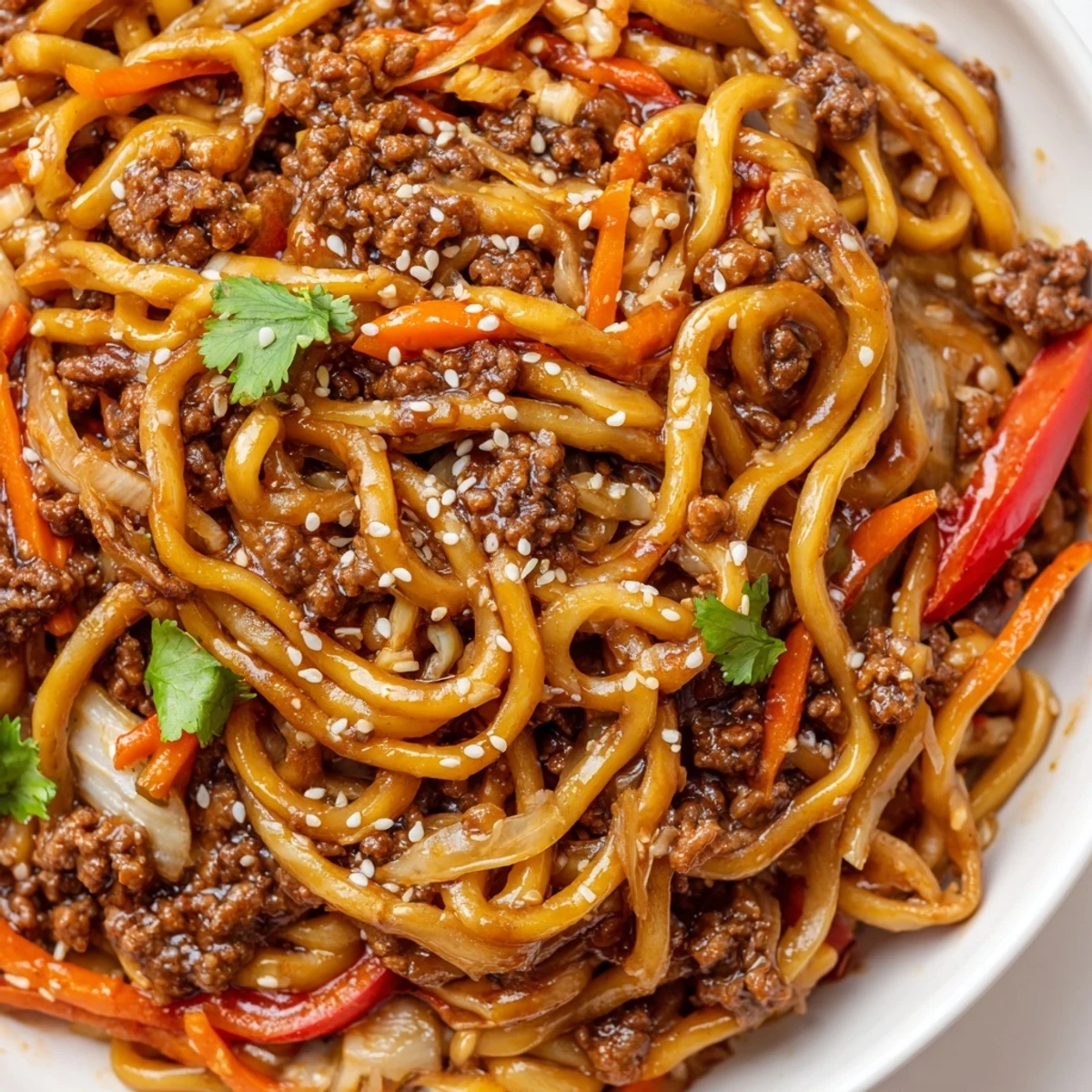 Asian ground beef noodles topped with sesame seeds and fresh cilantro in a wok