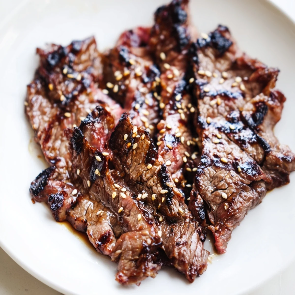 Juicy Beef Yakiniku seared in a glossy soy glaze beside charred bell peppers and mushrooms