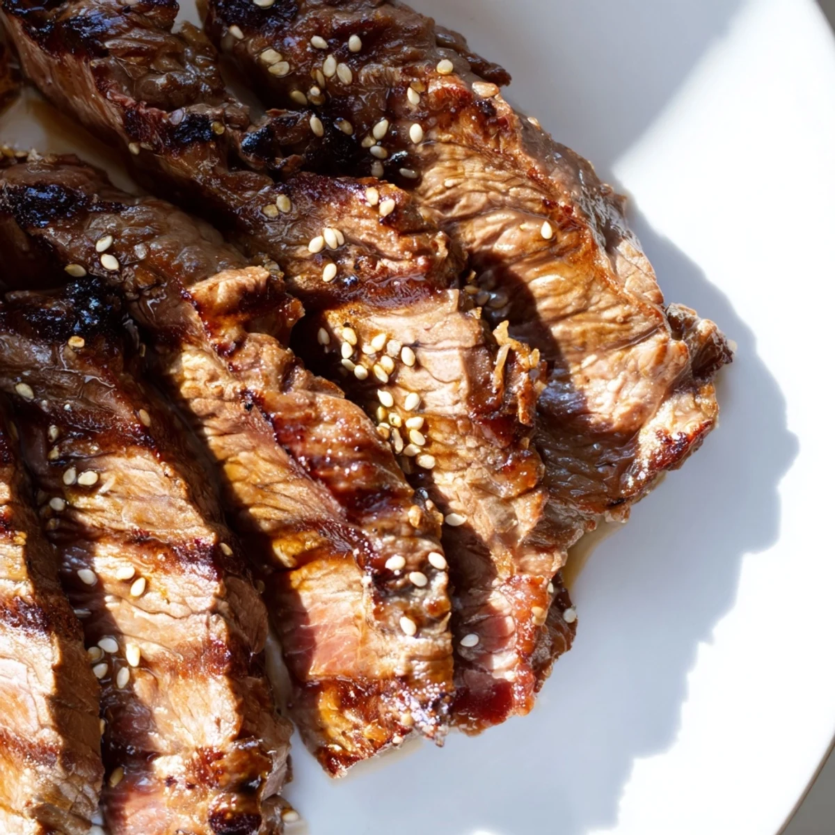 Thinly sliced Beef Yakiniku glistening with sesame marinade, served alongside tender grilled zucchini