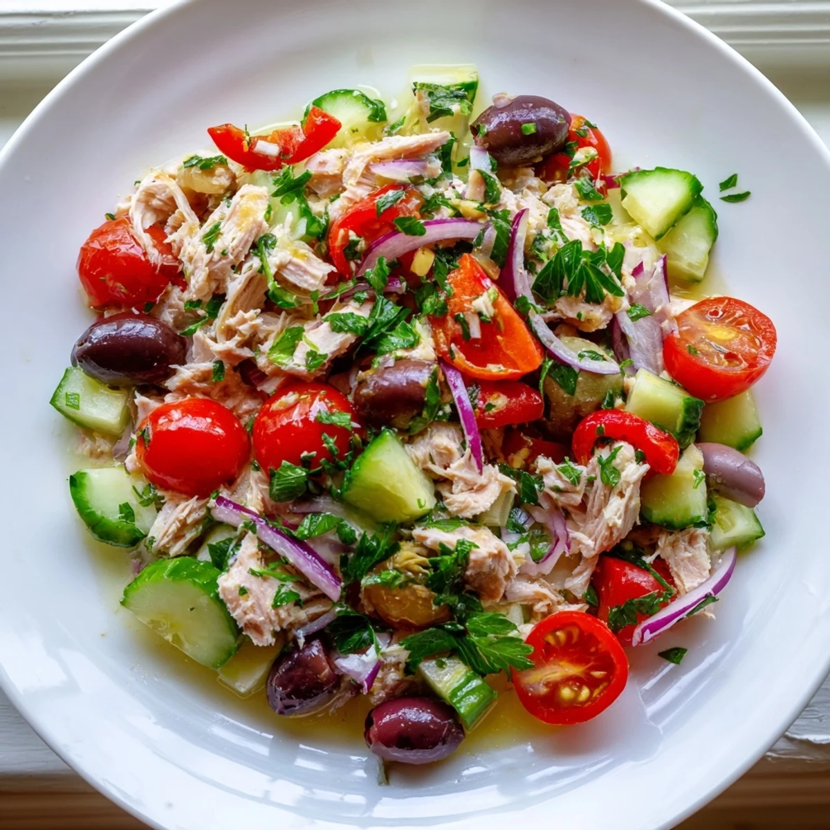 Colorful Mediterranean tuna salad in a white bowl with cherry tomatoes, olives, and fresh herbs