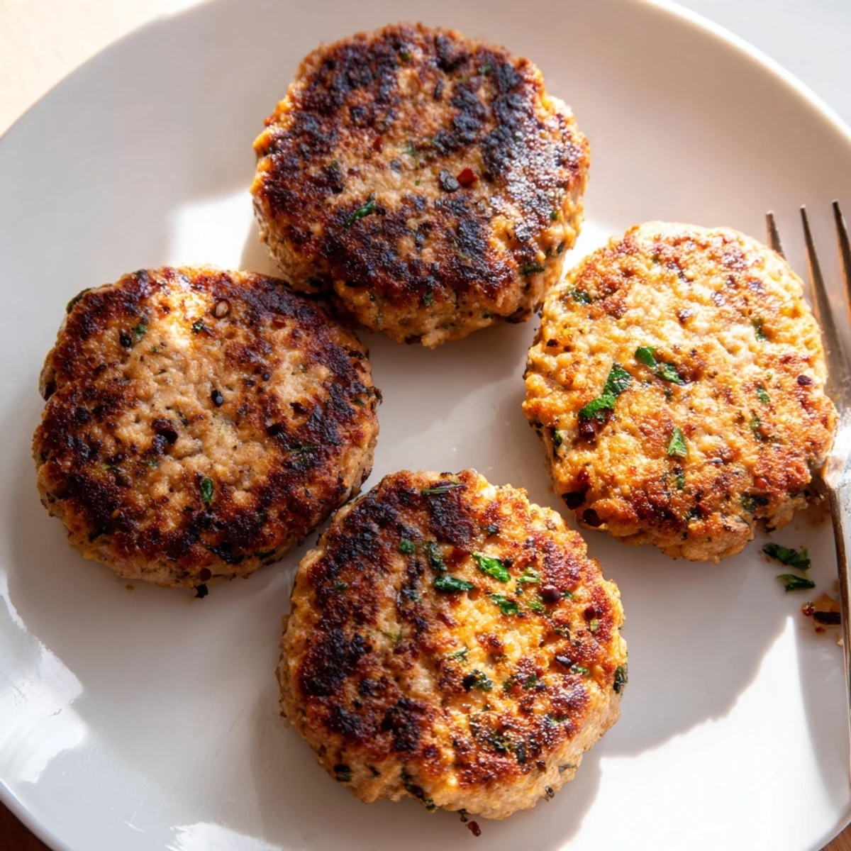 Golden brown ground turkey sausage patties sizzling in a cast iron skillet
