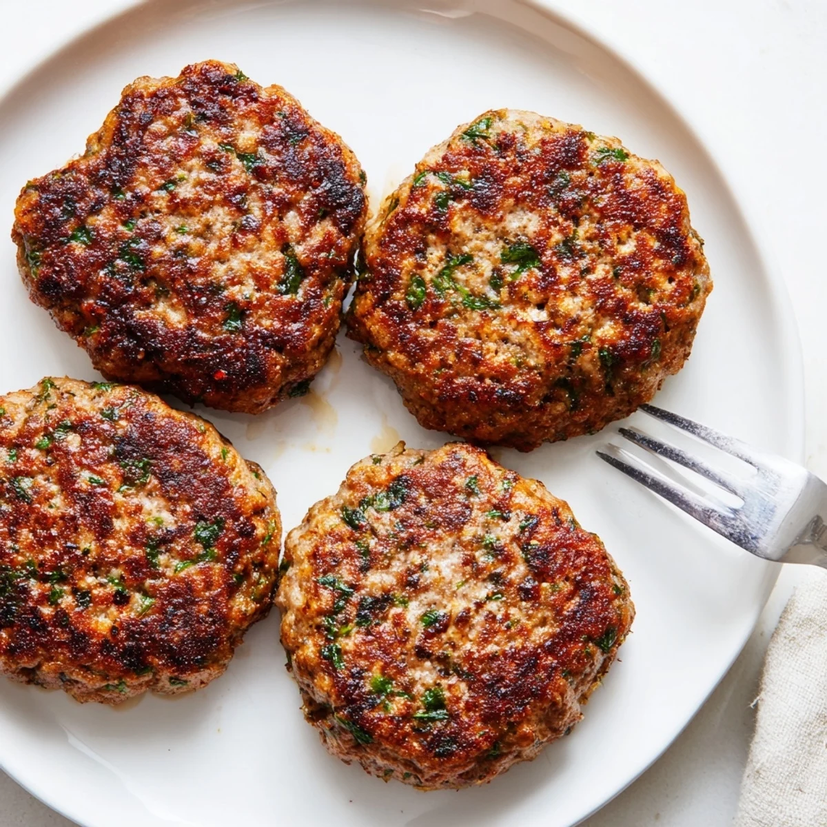 Seasoned ground turkey sausage crumbled over a warm breakfast plate with eggs