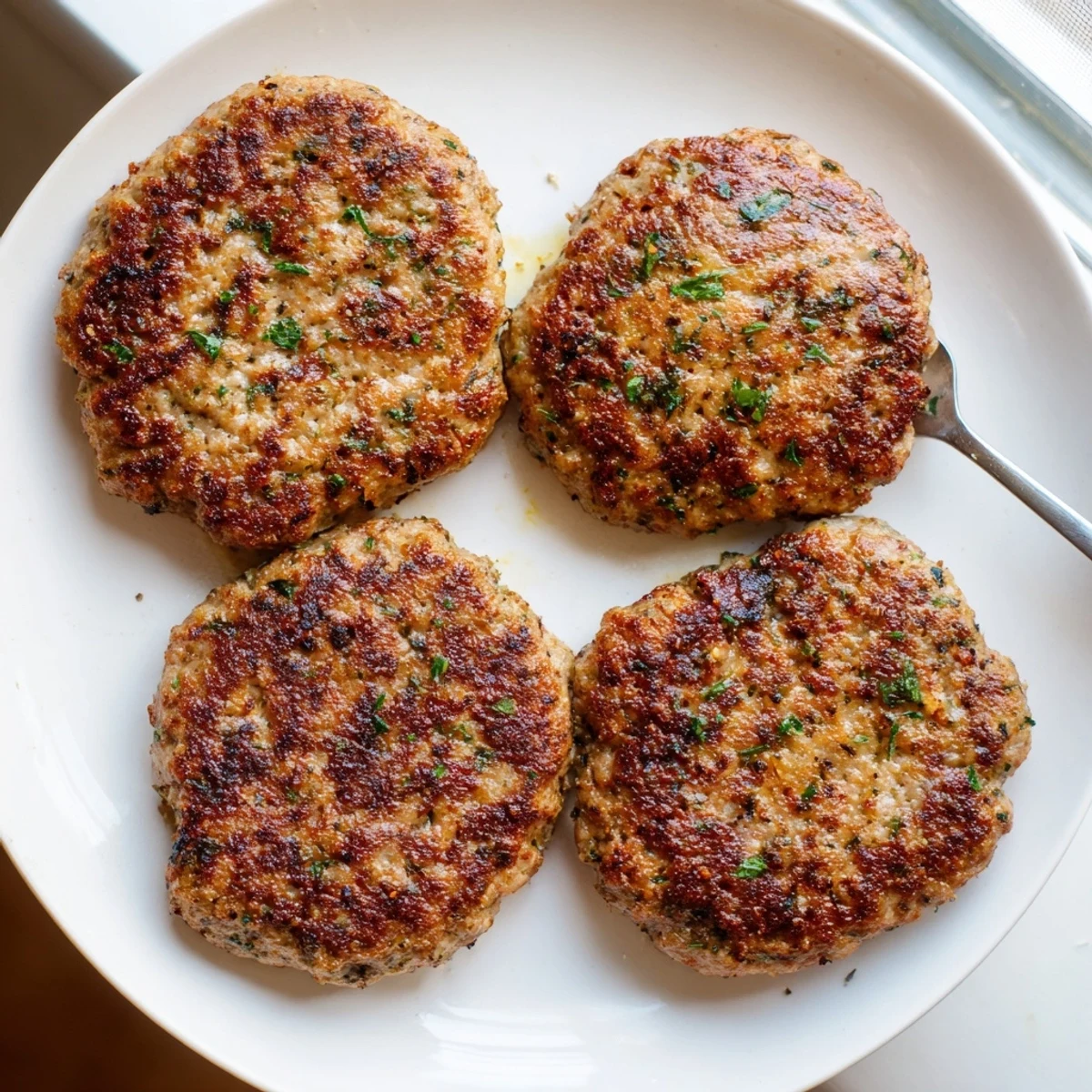 Juicy homemade ground turkey sausage patties garnished with fresh parsley on rustic parchment