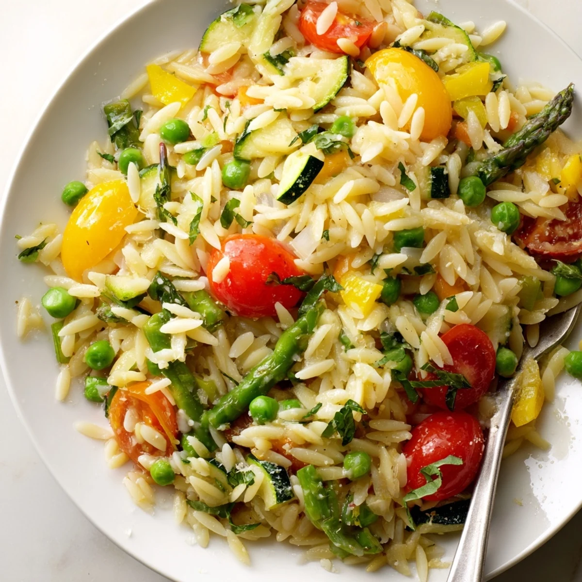 Creamy Orzo Primavera tossed with colorful spring vegetables in a bright lemon Parmesan sauce