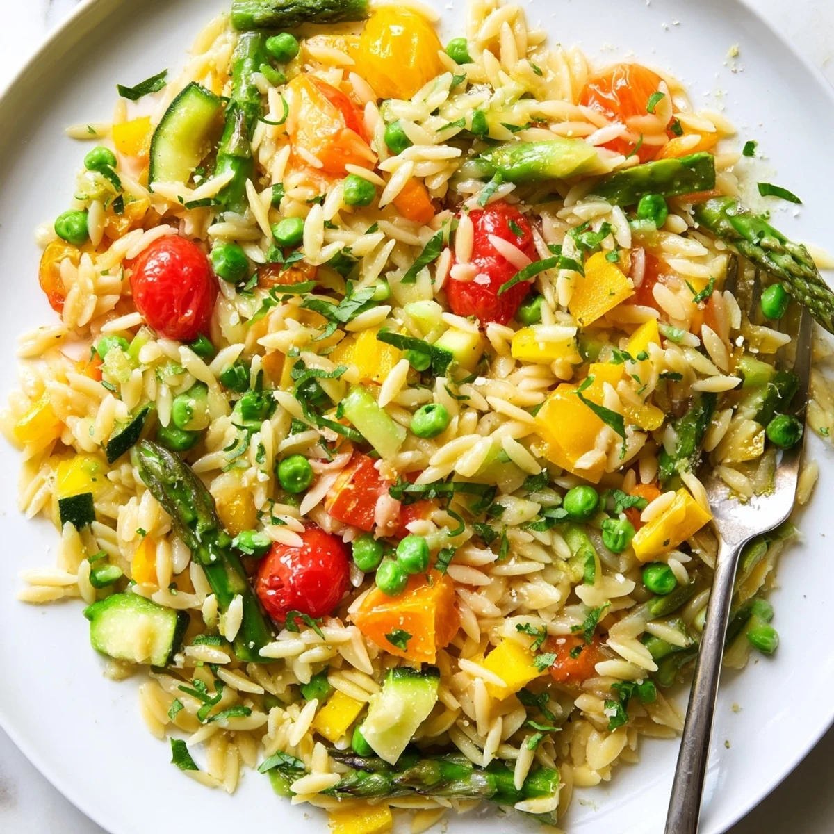 Orzo Primavera served in a white bowl with fresh basil and grated Parmesan on top