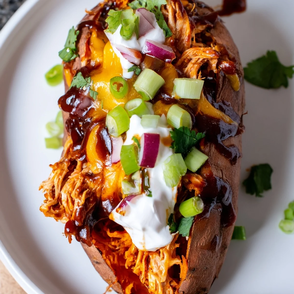 Tender roasted sweet potato split open and piled high with smoky BBQ chicken and melted cheddar cheese