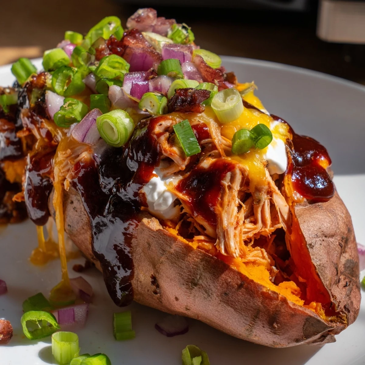 BBQ Chicken Stuffed Sweet Potatoes topped with green onions and a creamy dollop of sour cream