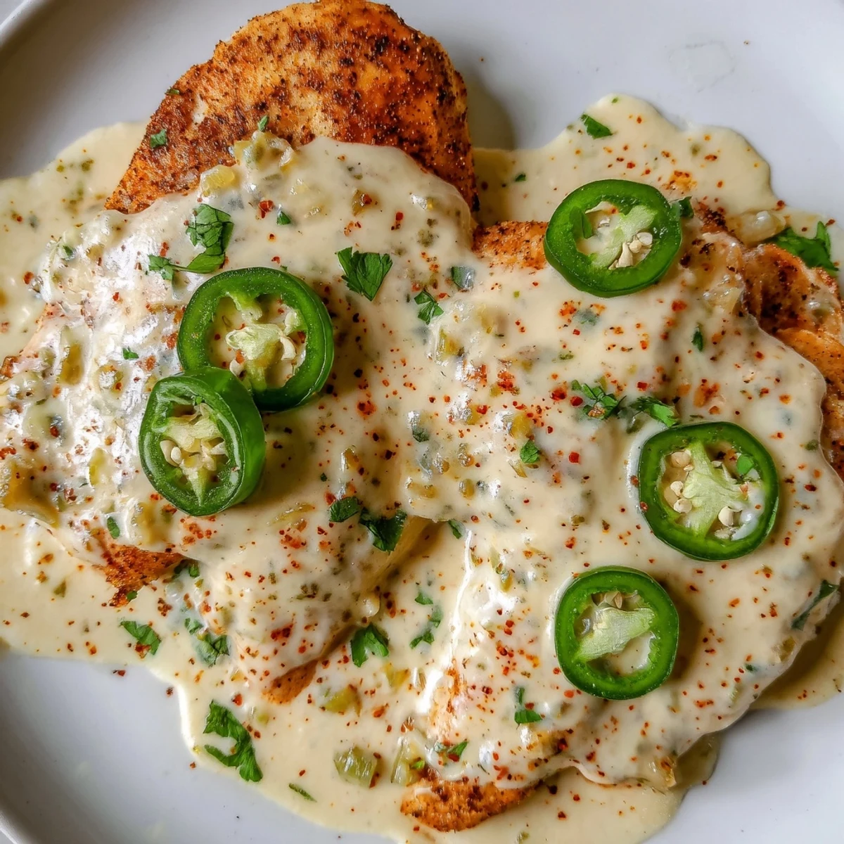 Golden jalapeno chicken breasts smothered in creamy, spicy sauce with fresh cilantro garnish