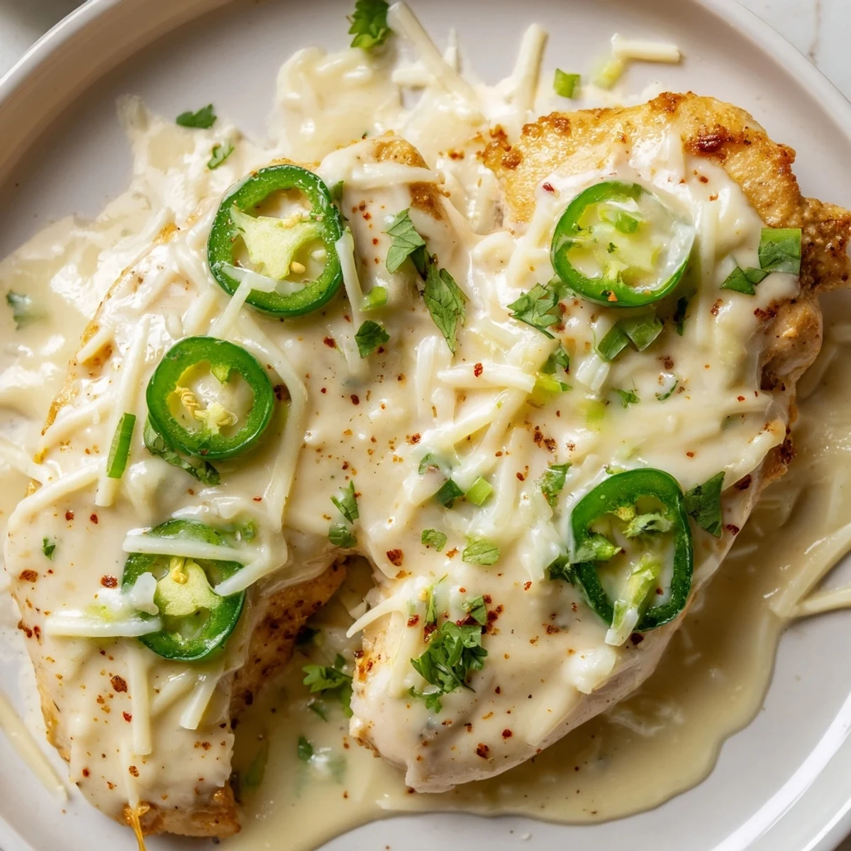 Tender sliced jalapeno chicken topped with melted cheese sauce in a cast iron skillet