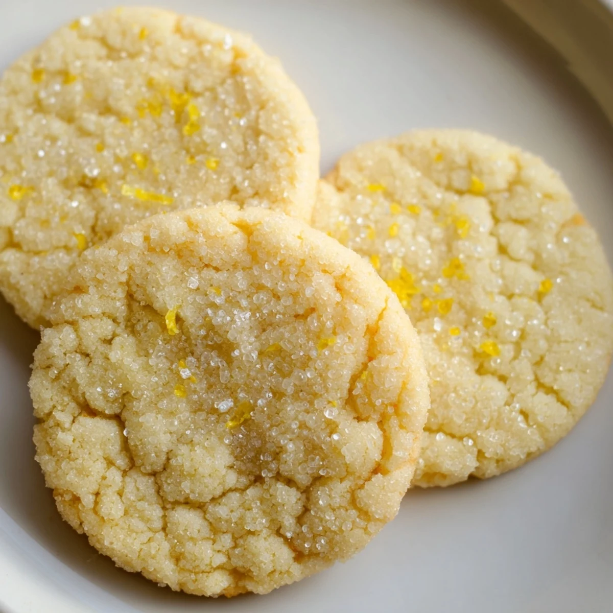 Chewy lemon sugar cookies with crackly sugar coating on a rustic wooden board