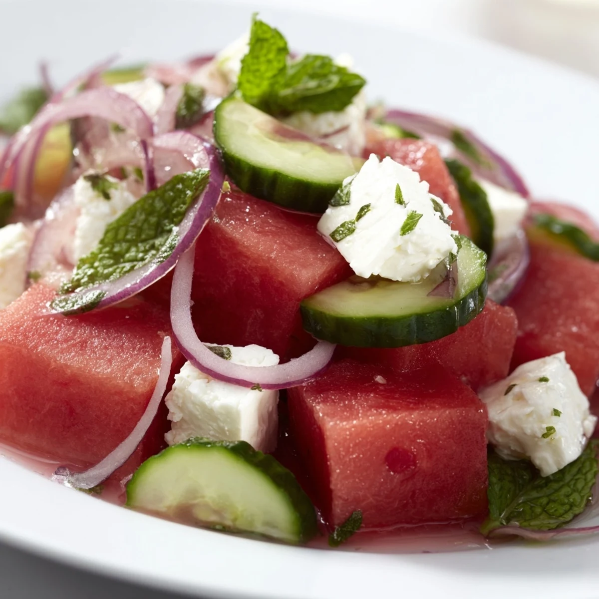 Watermelon Feta Salad with crisp cucumber and crumbled cheese in a white serving bowl