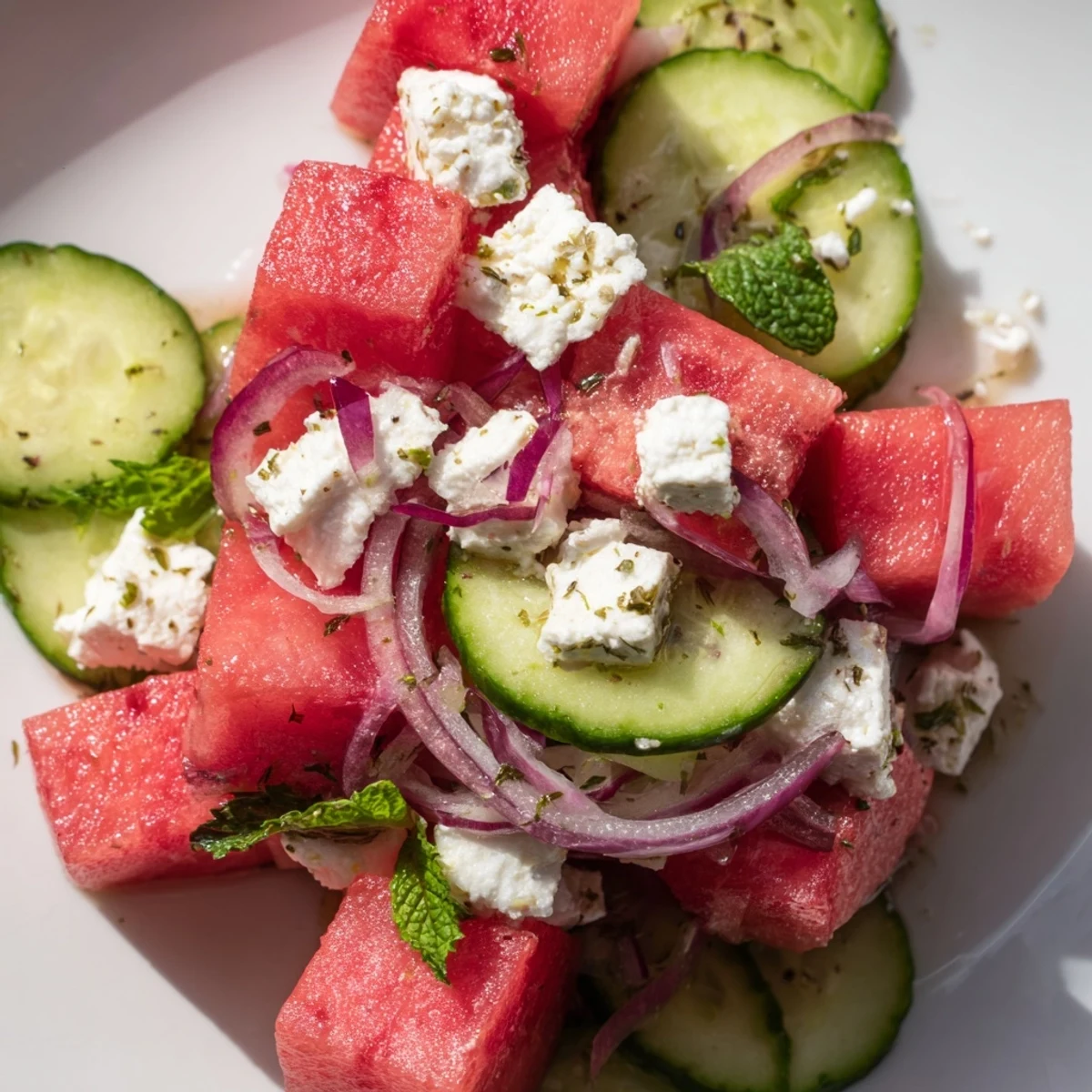 Juicy watermelon cubes and creamy feta tossed with fresh mint on a summer plate