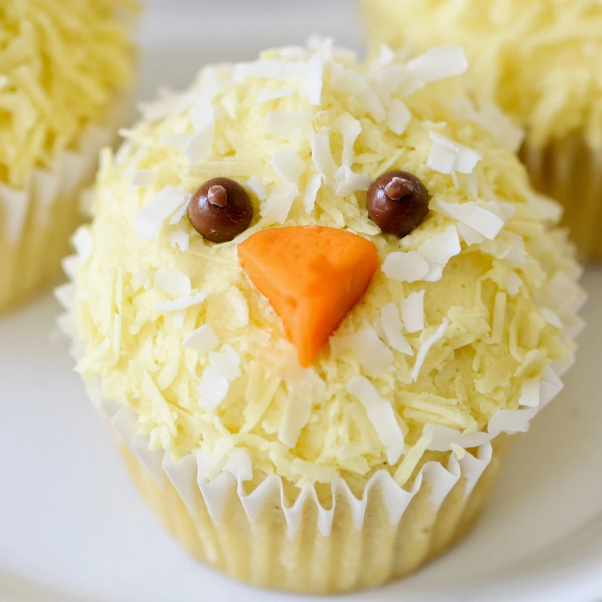 Festive Easter Chick Cupcakes topped with swirled buttercream and coconut feather accents