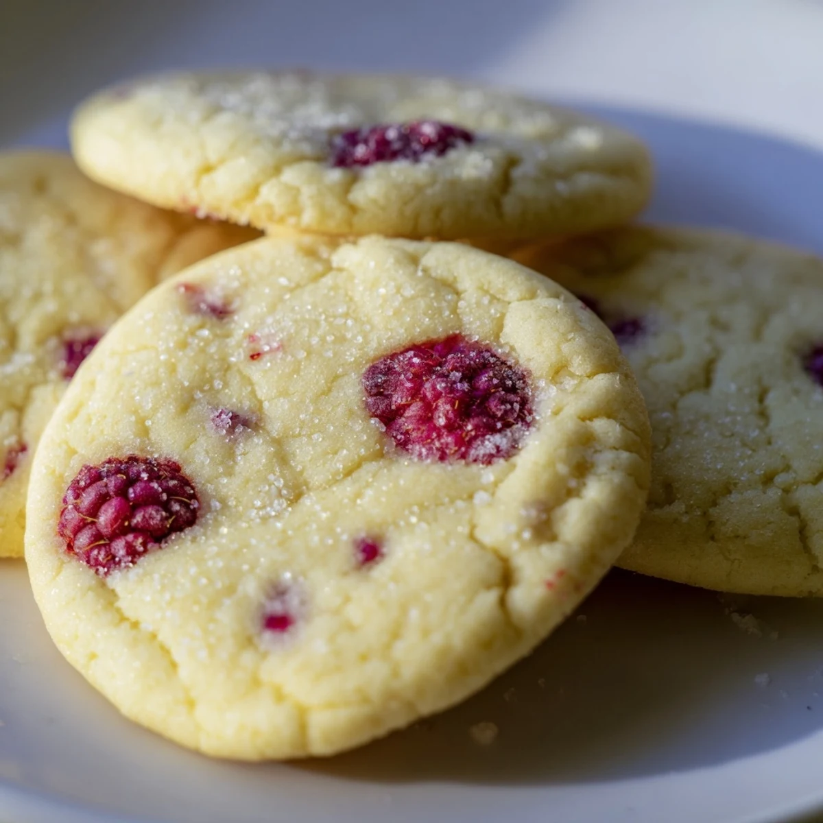 Soft Lemon Raspberry Cookies with golden edges and juicy red berries on white parchment paper
