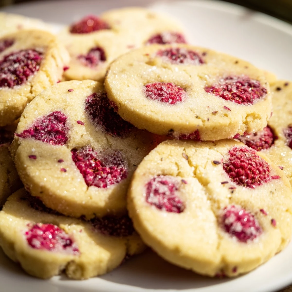 Freshly baked Lemon Raspberry Cookies cooling on wire rack with powdered sugar dusting