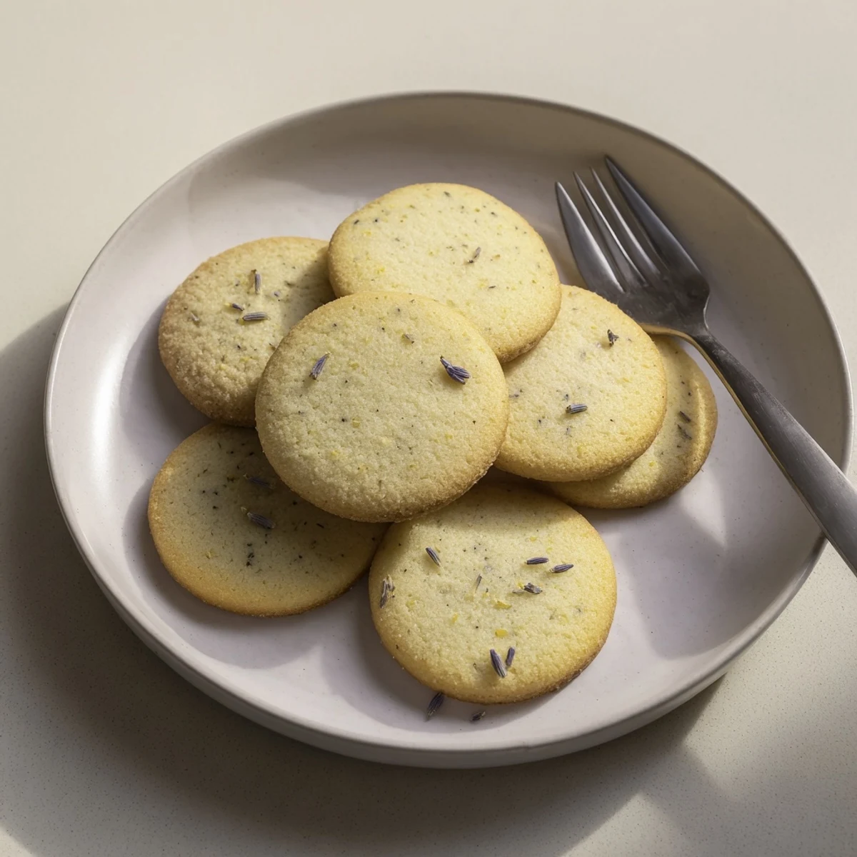 Soft Lemon Lavender Cookies with crackly tops and pale yellow crumb beside fresh lavender sprigs
