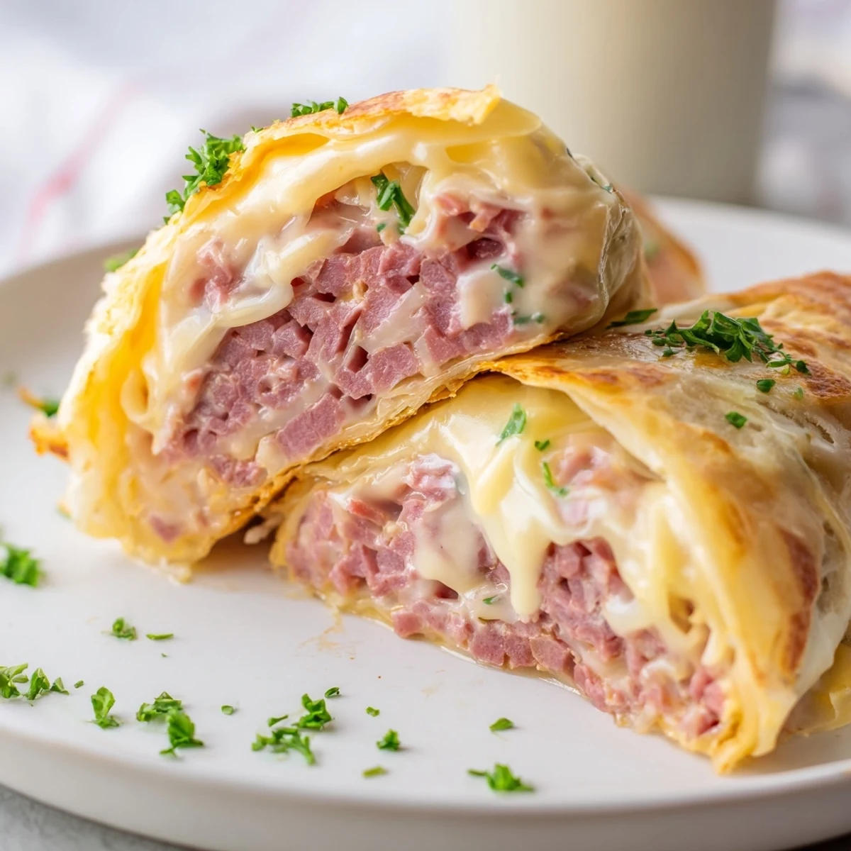 Golden Low Carb Reuben Egg Roll Ups sliced to reveal melted Swiss cheese and corned beef filling