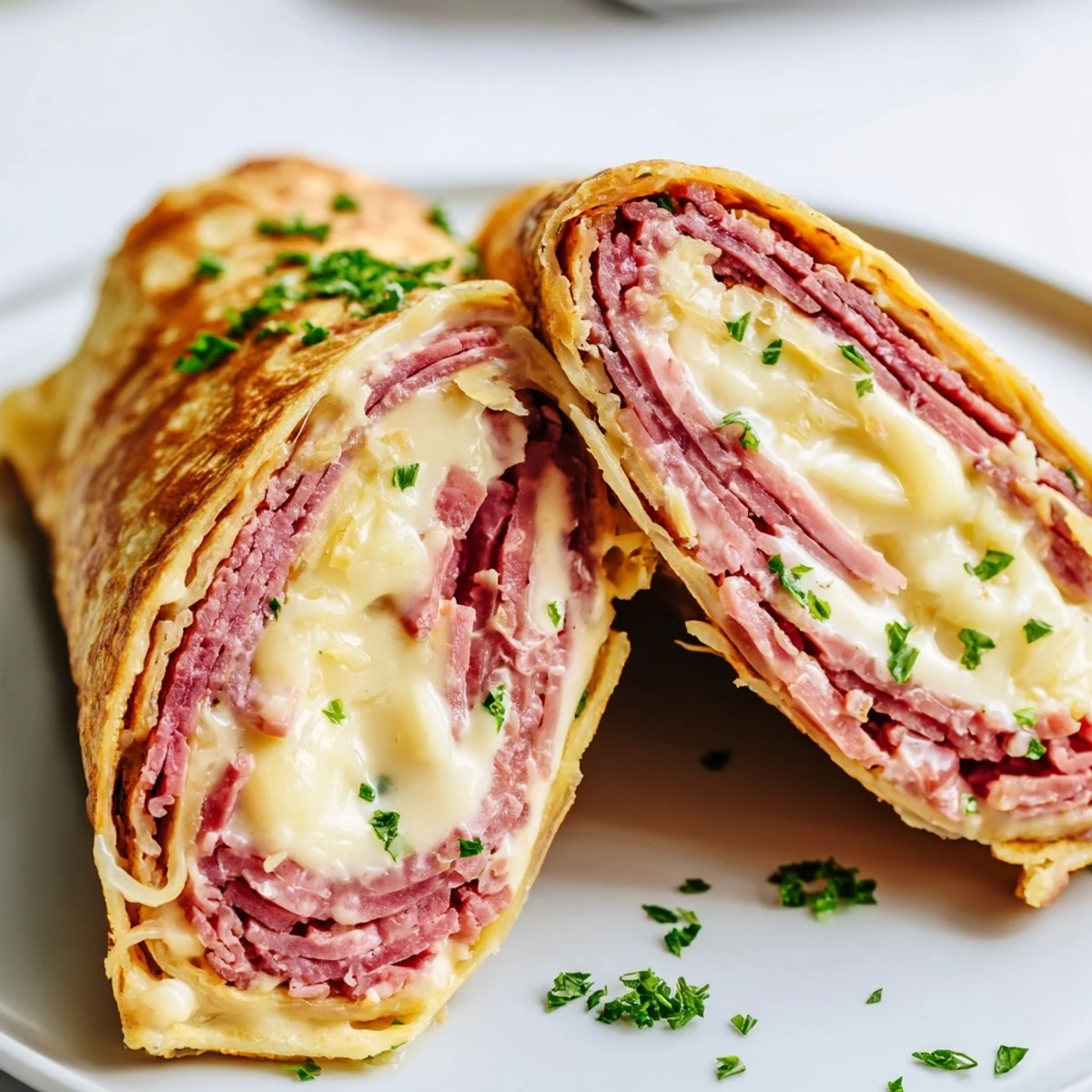 Tender egg wraps stuffed with sauerkraut and tangy dressing in these low carb Reuben egg roll ups