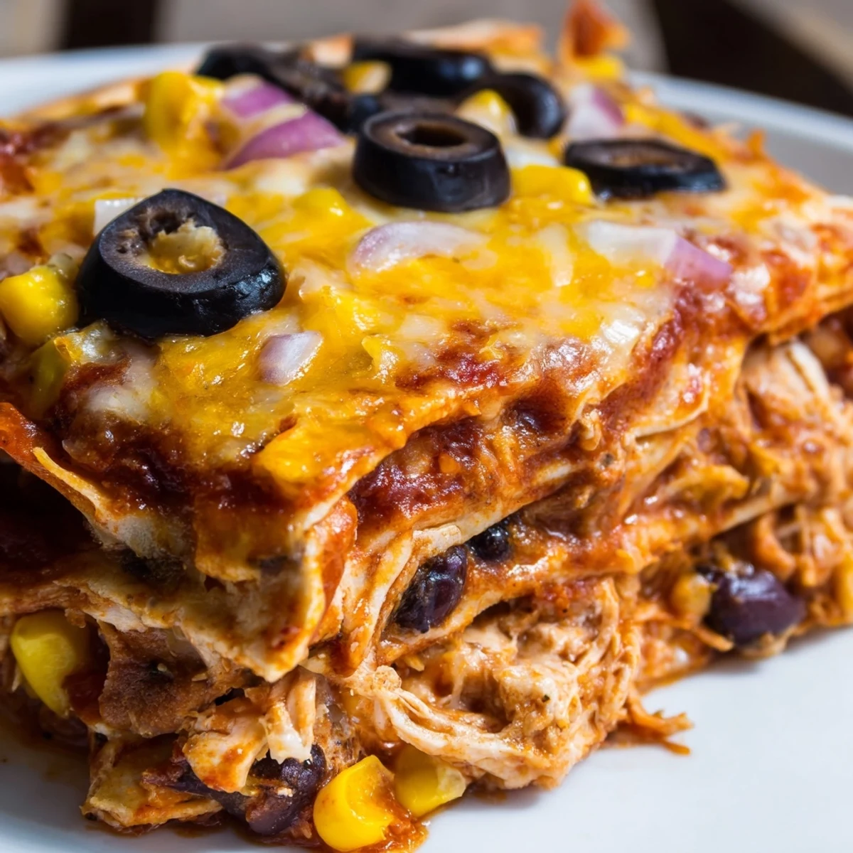 Golden bubbly cheese tops this cheesy shredded chicken enchilada bake fresh from the oven