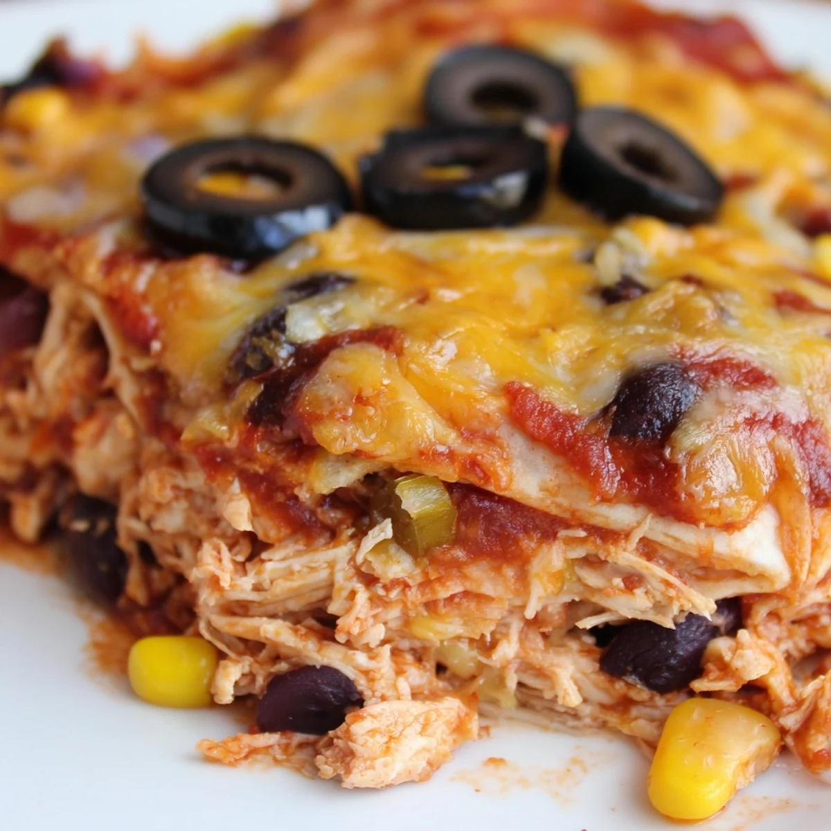 A warm slice of cheesy shredded chicken enchilada bake with melted cheese and fresh cilantro