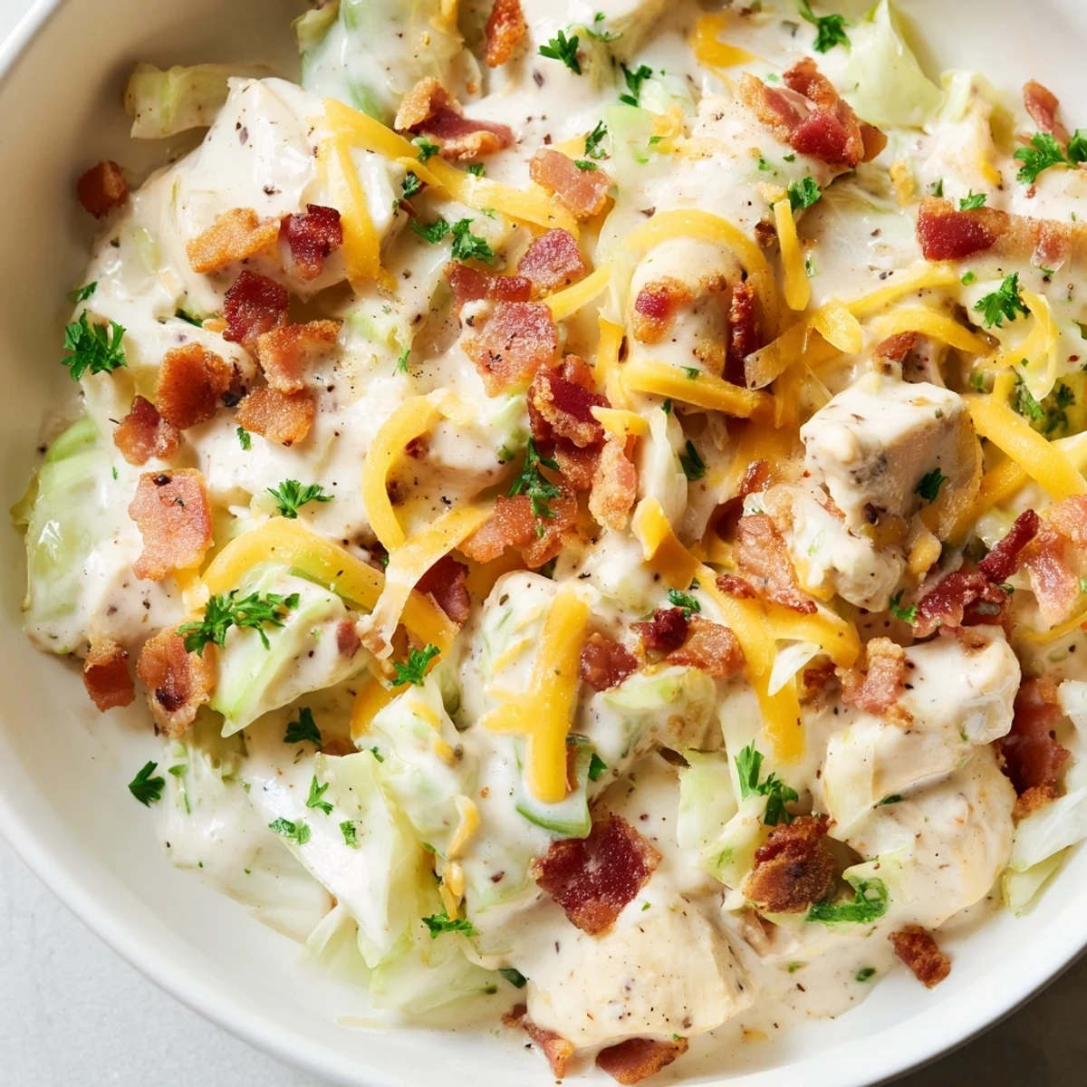 Creamy chicken bacon ranch cabbage bowls topped with melted cheddar and fresh green onions
