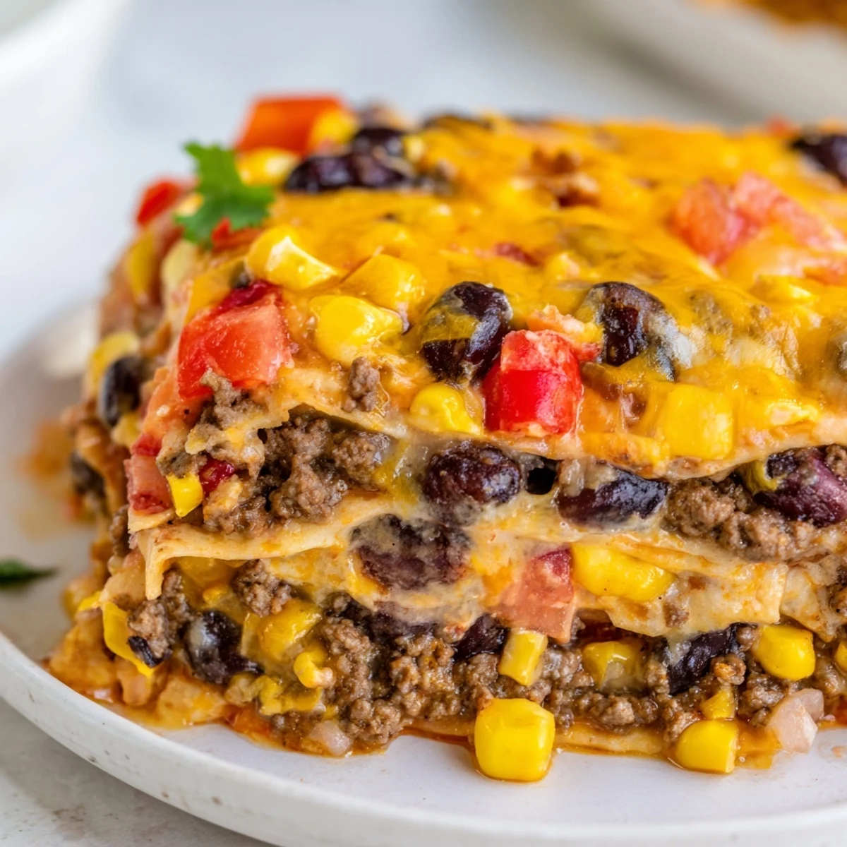 Golden melted cheese tops this layered Mexican lasagna with spiced beef and beans