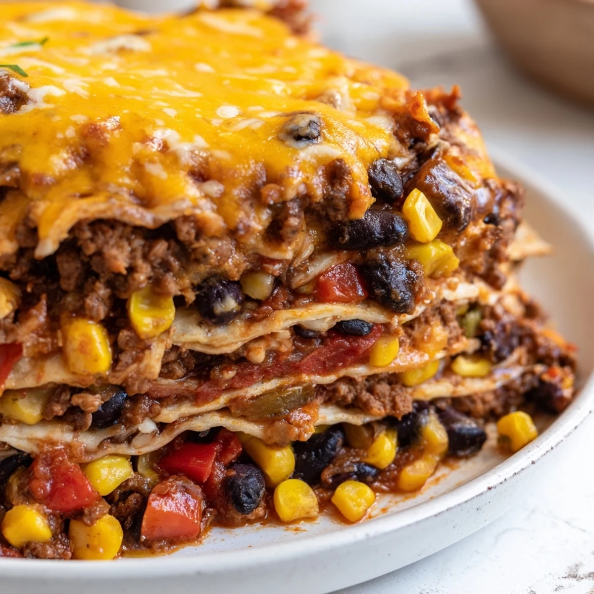 Warm Mexican lasagna casserole fresh from oven with bubbling cheesy tortilla layers