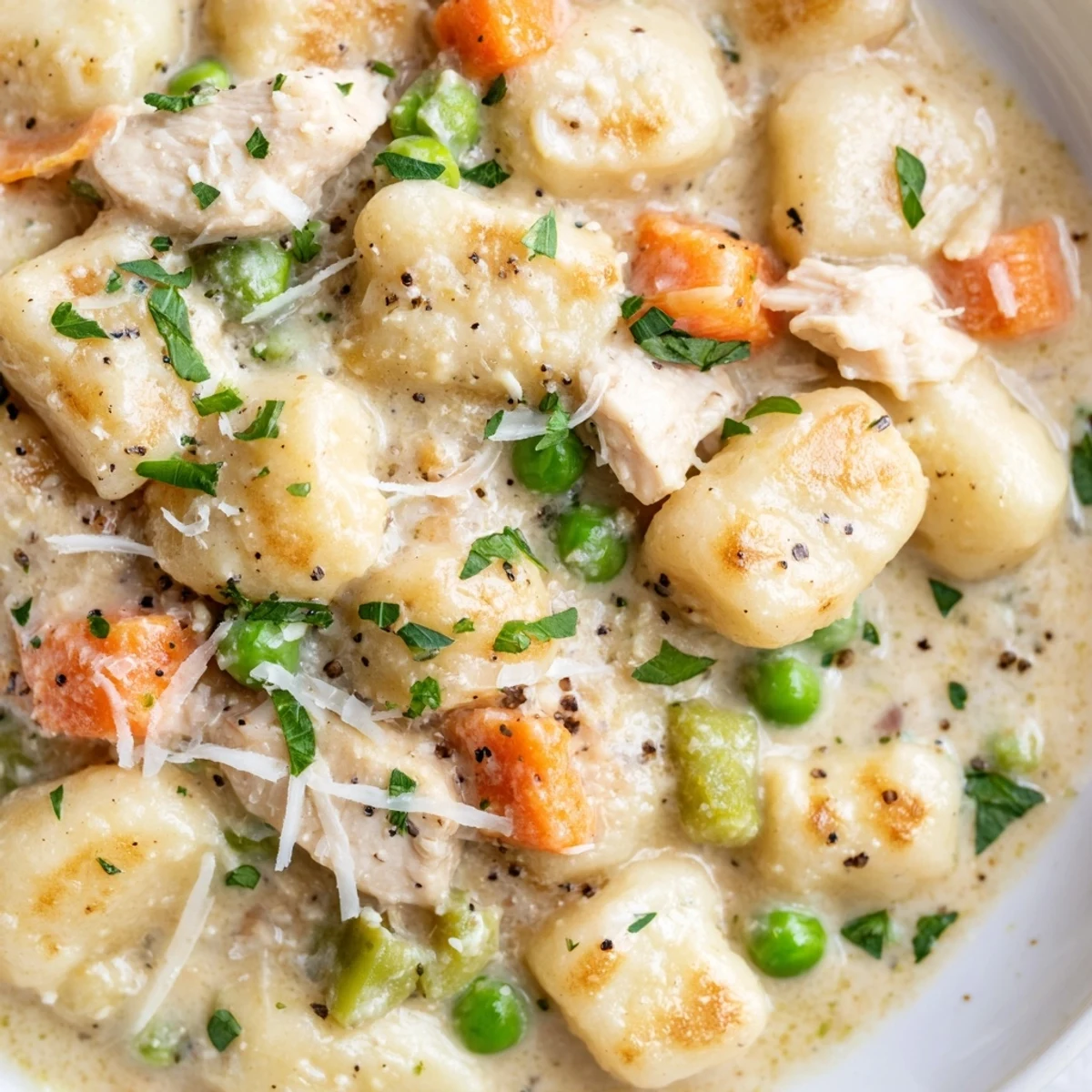 One Pot Gnocchi Chicken Pot Pie in a creamy sauce with tender vegetables and golden garnish