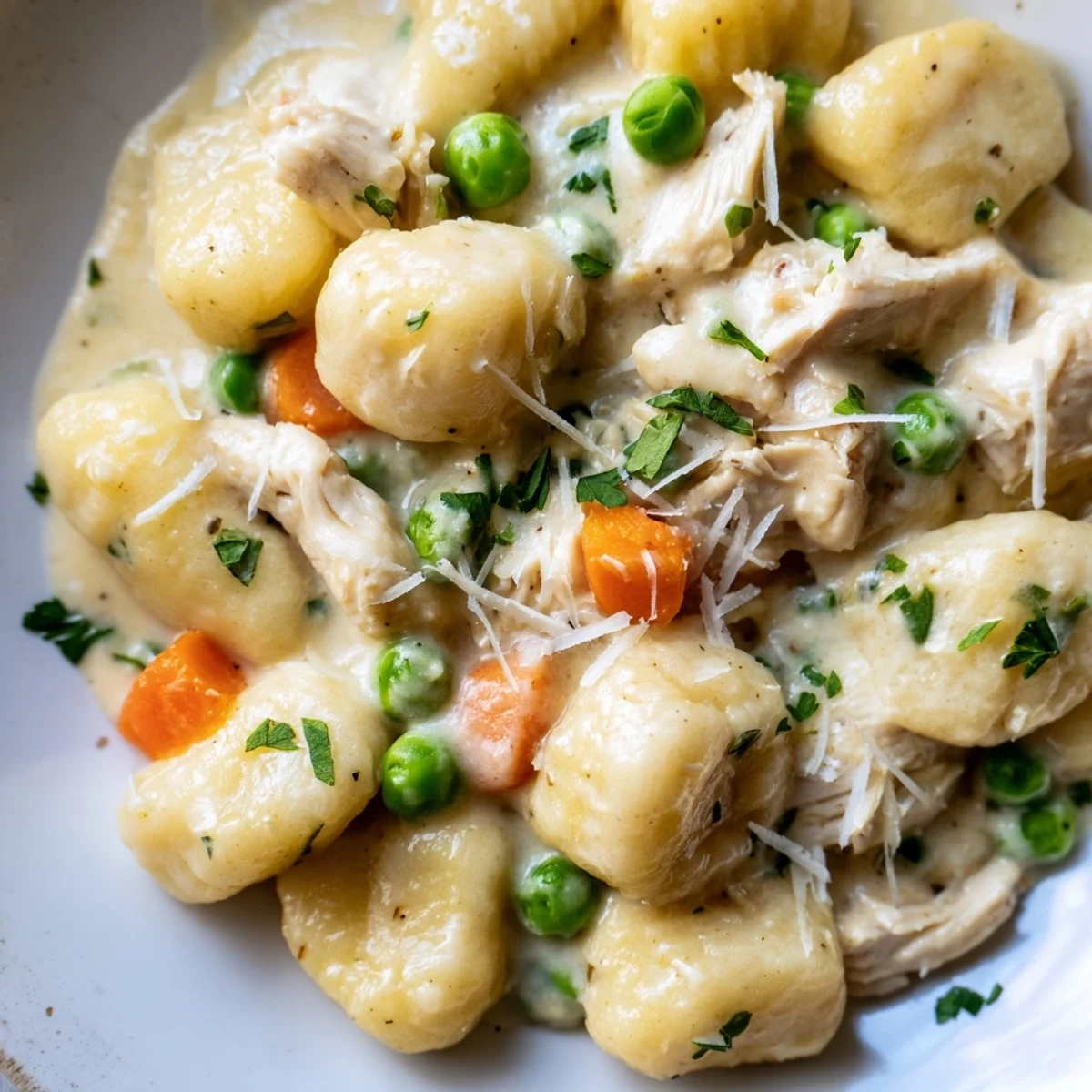 Creamy One Pot Gnocchi Chicken Pot Pie served in a rustic Dutch oven with fresh parsley