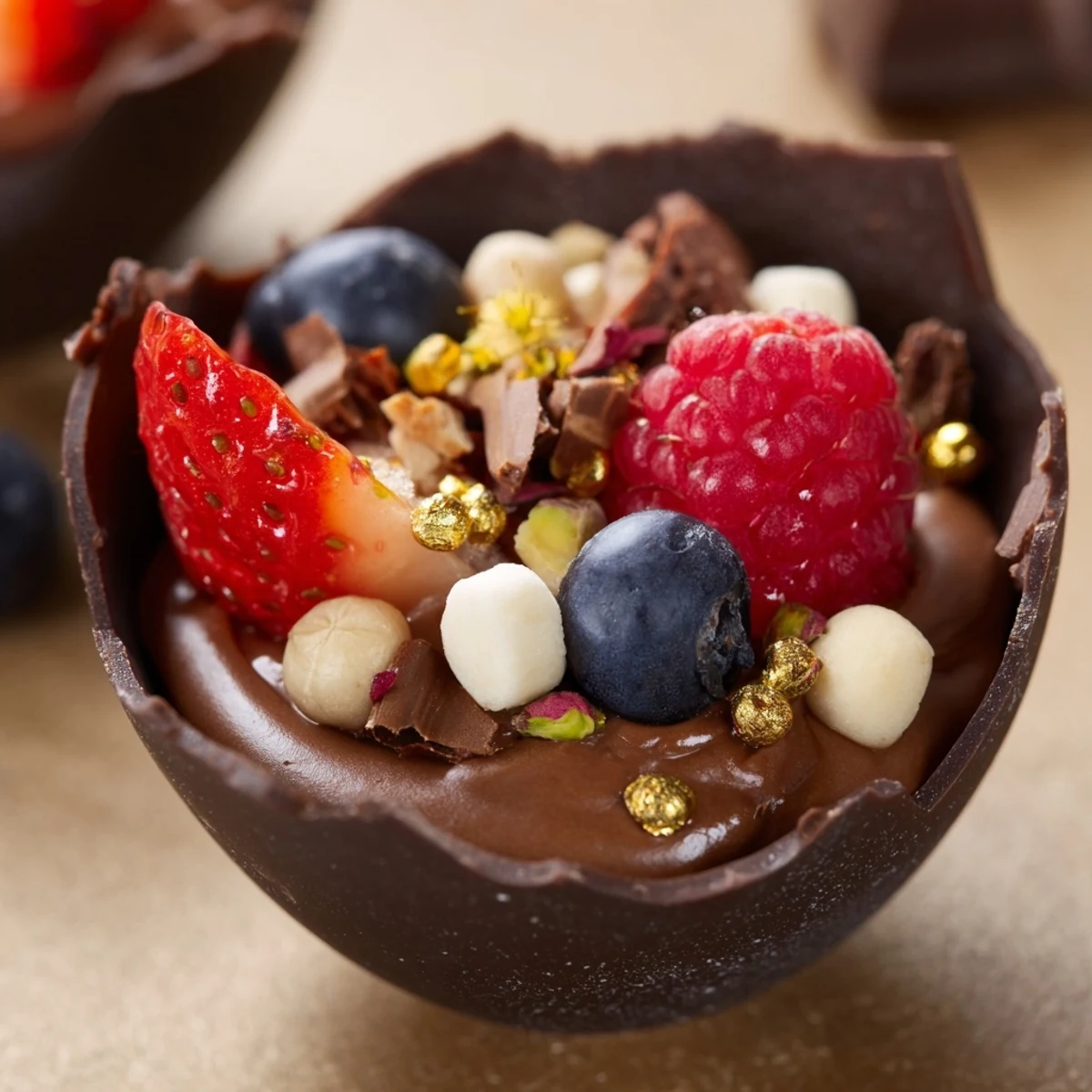 Decadent chocolate grazing cups filled with silky mousse and topped with fresh berries