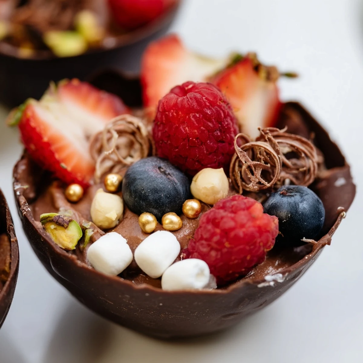 Rich chocolate cups with fluffy mousse, bright red berries, and crunchy nut garnishes